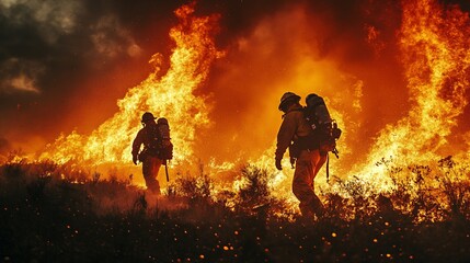 Fototapeta premium Firefighters combat a raging blaze, silhouetted against intense flames, showcasing bravery and the fight against wildfires.