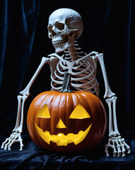 Spooky skeleton decorates a carved pumpkin under soft velvet drapes for a festive Halloween celebration