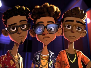 Three animated characters stand together, featuring exaggerated hairstyles and glasses, set against a colorful, cinematic backdrop with dramatic lighting.