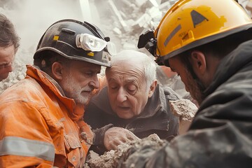 rescue workers helping an elderly couple trapped in a collapsed building after an earthquake, rubble and dust everywhere 