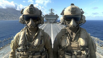Two Navy Seals on Aircraft Carrier Deck