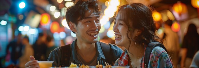 Naklejka premium A joyful couple sharing a delightful moment at a vibrant night market filled with lights.