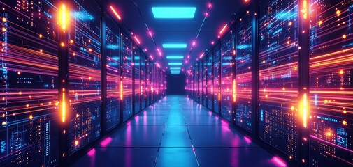 Obraz premium Futuristic illustration of a data center with fiber optic transmission lines