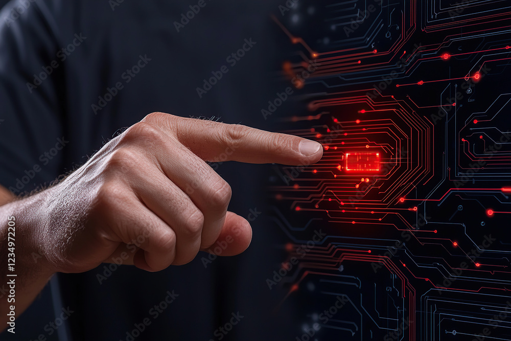 Aufkleber person interacts with glowing red digital circuit board, symbolizing technology and innovation. imag