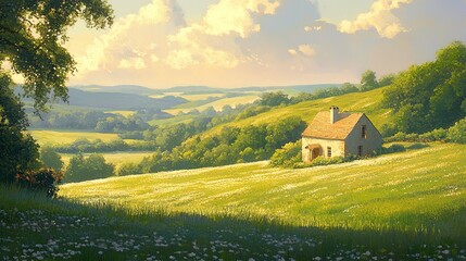 Idyllic countryside with rolling green hills, quaint cottage, and warm afternoon light, peaceful and welcoming 