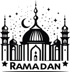 Islamic Ramanan  silhouette vector Mosque with Crescent Moon in Background