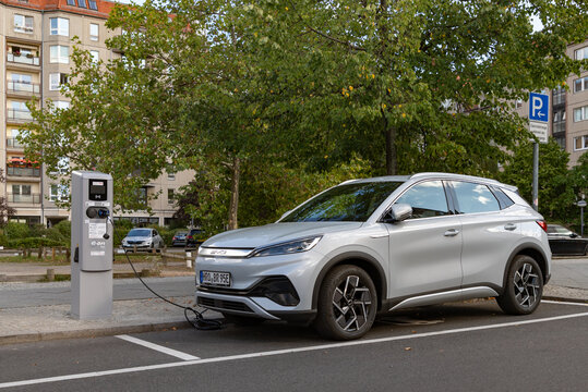 Berlin, Germany - September 24, 2023: A picture of a gray BYD Atto 3 being charged by an E-On electric charging station.