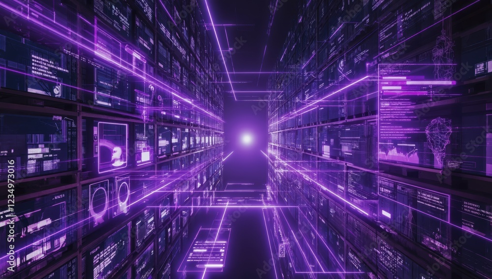 Poster futuristic data center processing information with purple light trails and code flashing across digi