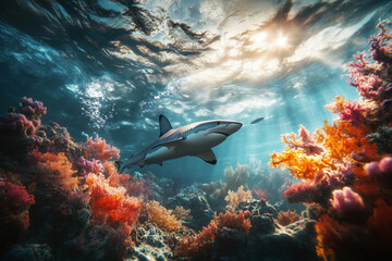 Fototapeta premium A shark swimming underwater near colorful corals