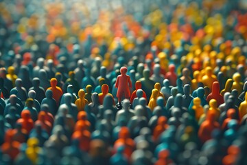 Fototapeta premium A lone figure stands out amidst a vibrant crowd of small colorful figurines.