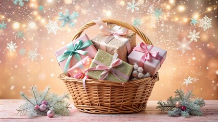 Wicker basket overflowing with beautifully wrapped presents, adorned with delicate bows, surrounded by a magical winter wonderland of sparkling lights and falling snowflakes.
