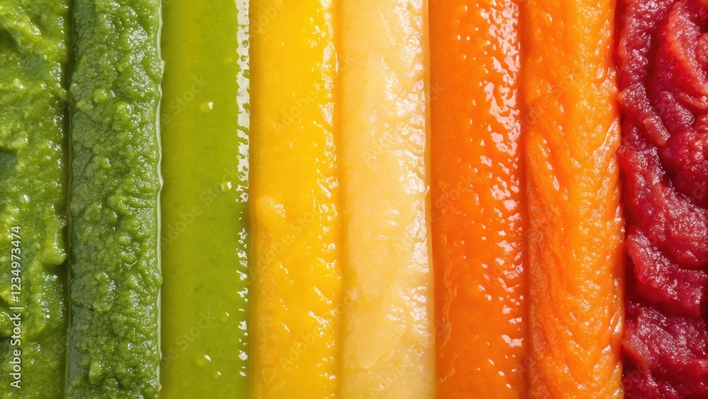 Poster different kinds of vegetable puree are forming a gradient of colors from green to red, creating a vi
