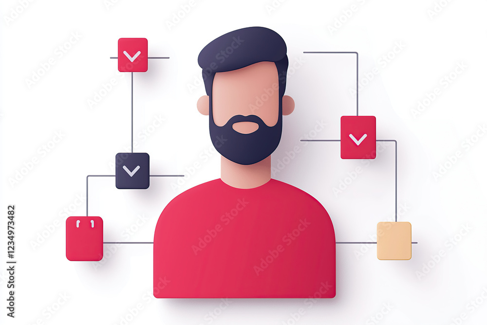 Poster digital illustration of person with beard surrounded by flowchart, featuring colorful boxes and conn