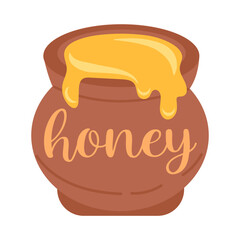 Honey Jar. Honey pot with golden dripping honey. Sweet and natural food illustration. Traditional organic product for beekeeping and eco-friendly lifestyle. Rustic and vintage style honey jar.