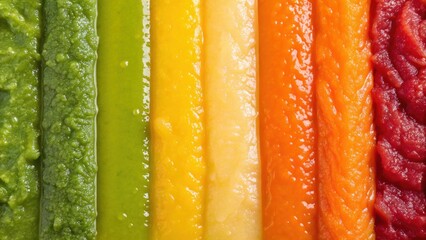Different kinds of vegetable puree are forming a gradient of colors from green to red, creating a visually appealing and healthy food concept