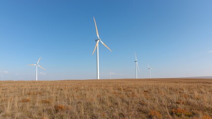Fototapeta premium Wind turbines stand in a dry grassy field under a clear blue sky during a bright sunny day.