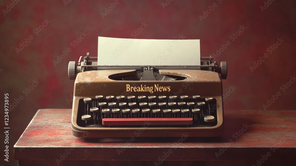 Aufkleber vintage typewriter with blank paper featuring bold breaking news text on a wooden desk in a nostalgi
