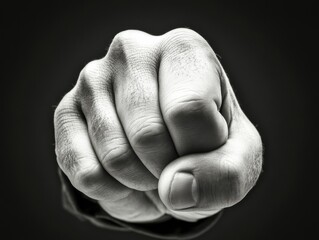 A close-up black and white image of a clenched fist pointing forward, conveying strength and determination.