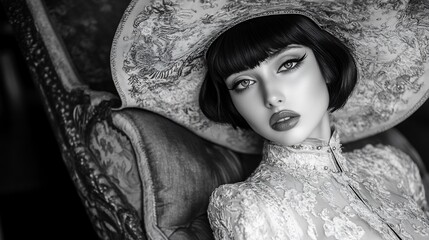 Elegant woman in vintage attire, posing gracefully in a luxurious setting, showcasing beauty