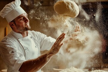 Masterful dough tossing by a skilled baker in a warm, flour-dusted kitchen