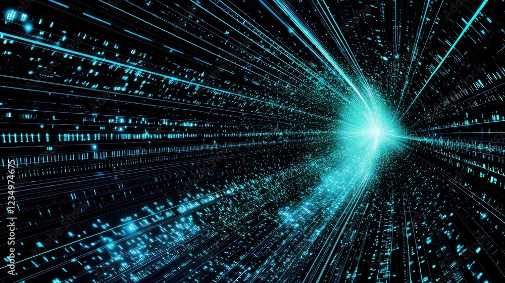 Poster a vibrant digital landscape depicting beams of light and data streams converging towards a bright ce