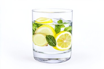 A refreshing glass of water infused with lemon slices and mint leaves, perfect for hydration and a burst of flavor.