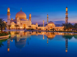Naklejka premium Ramadan Tranquility: A Grand Mosque with Golden Domes and Minarets