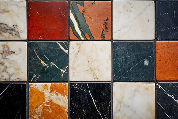 Varied collection of colorful marble tiles arranged in a grid, featuring hues of red, green, white, and black with distinctive natural patterns and textures.
