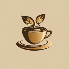 Cup of Hot Beverage with Emerging Leaves on Beige Background Minimalist Coffee Illustration