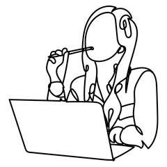 dessin en ligne continue d'une femme travaillant sur son ordinateur portable, line art, vecteur	
