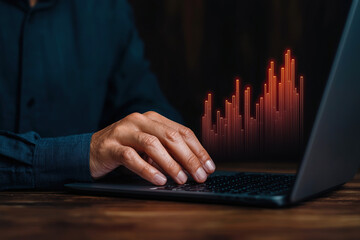 person working on laptop with digital bar graph overlay, symbolizing data analysis and business growth. image conveys sense of technology and progress in analytics