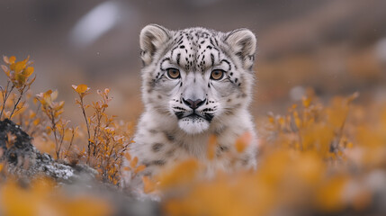 Fototapeta premium Snow leopard portrait amid golden autumn vegetation, showcasing piercing eyes and spotted fur pattern. Wildlife photography in natural habitat
