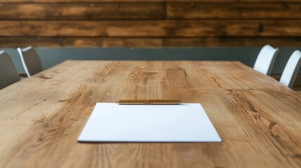 A clean wooden table with a blank sheet of paper and a pencil, set in a minimalist space, ideal for meetings or creative brainstorming.
