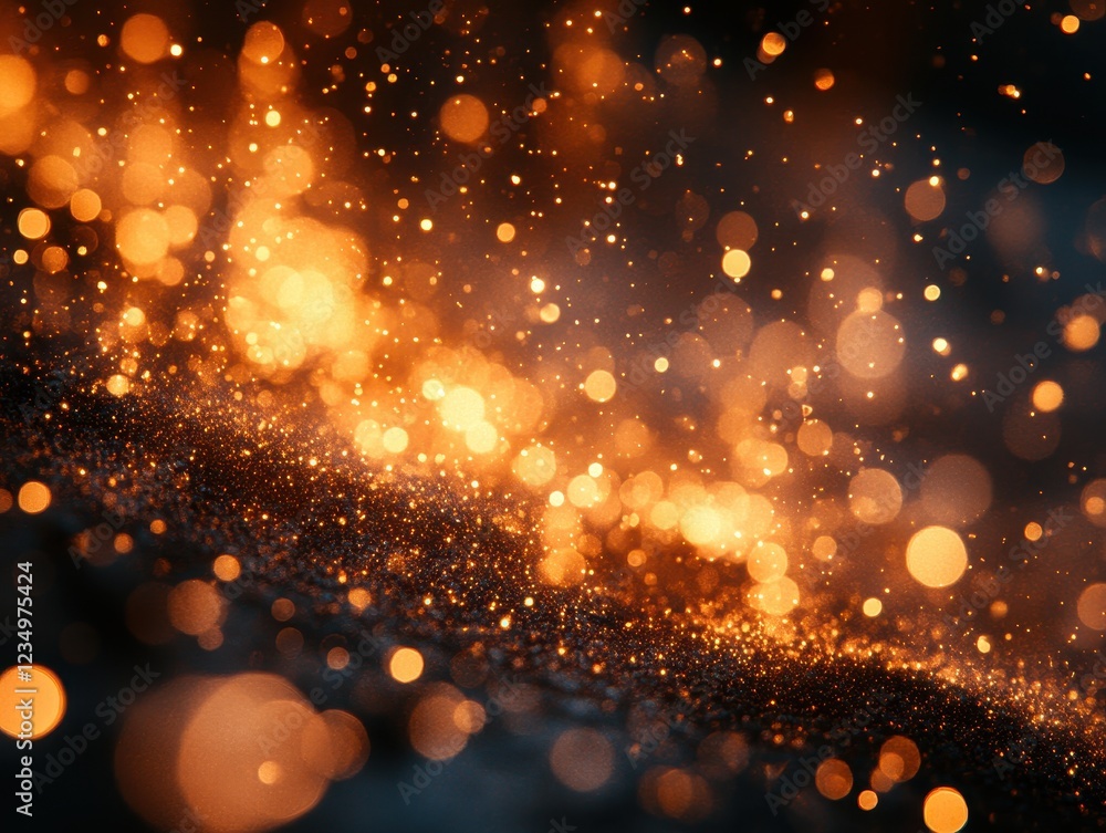 Poster a vibrant abstract image of glowing particles and sparkles in warm tones.
