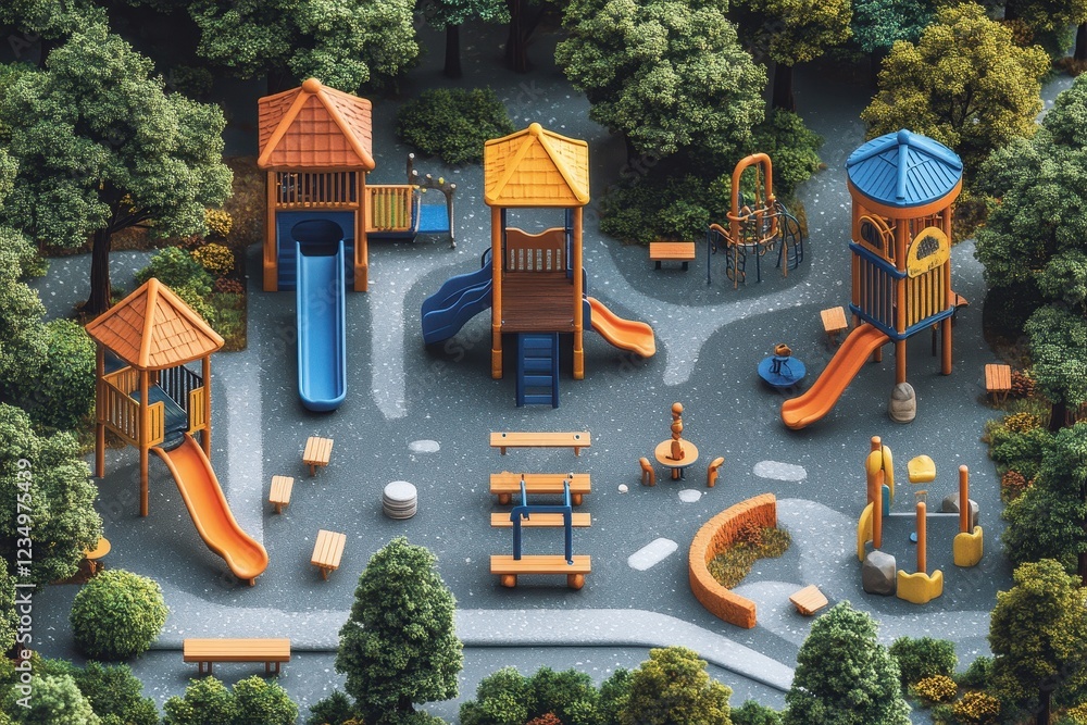 Poster colorful playground with slides and climbing structures in a wooded area.