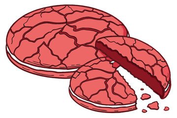 Red velvet cookie, circular shape, cracked surface, vibrant crimson color, rich texture, baked goods, close-up photography, white background, high contrast, detailed crumb structure, gourmet dessert, 