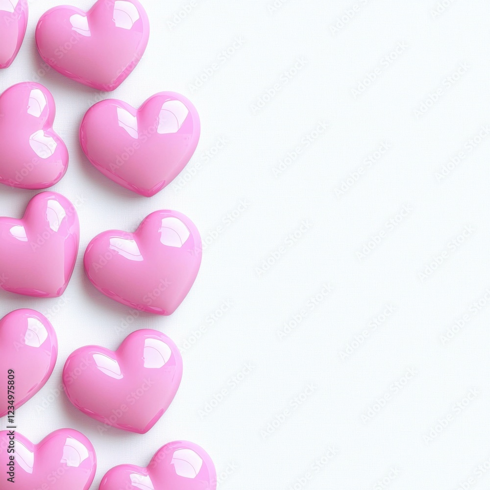 Poster a row of shiny pink heart-shaped candies arranged neatly on a white surface, creating a sweet and pl