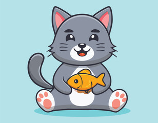 colorful cat and fish with a smiling cat vector.