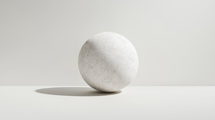 A textured white sphere rests on a white surface