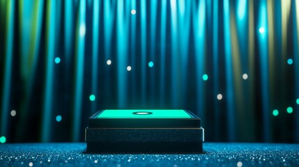 Glowing Podium on a Stage With Blue Curtains and Floating Lights for a Show or Presentation
