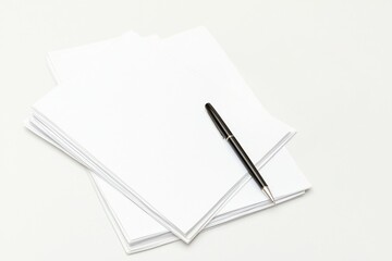A clean stack of blank paper accompanied by a sleek black pen, ideal for note-taking or creative writing.