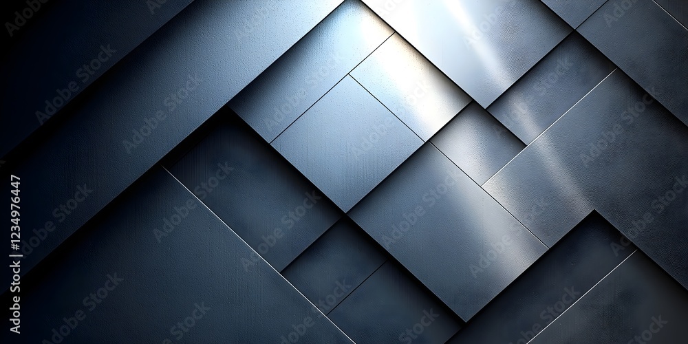 Poster an abstract composition featuring interlocking metallic blue and gray geometric shapes, creating a s