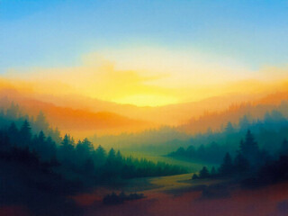 Obraz premium Golden Hour Watercolor Landscape with Foggy Mountains