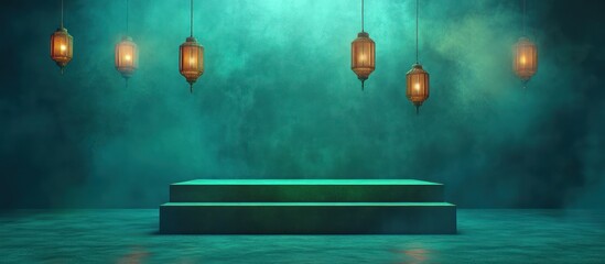 Teal stage, lanterns, smoky backdrop, product display