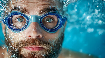 Fototapeta premium Bearded man swimming underwater, pool, water splashes, close-up