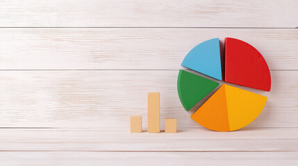 Colorful wooden pie chart and bar graph light wooden background, symbolizing data visualization and analysis. vibrant colors and simple design make it engaging representation of statistical