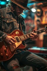 Obraz premium A musician passionately plays guitar in a vibrant, cozy setting.
