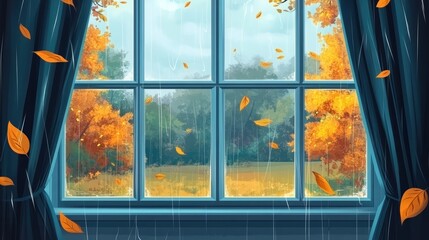 rain outside the window in the landscape of autumn park and yellow leaves.