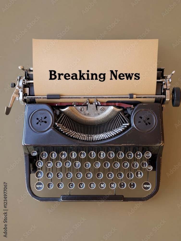 Aufkleber Vintage typewriter with blank paper showing bold typed breaking news message from a bygone era of journalism. Generative AI