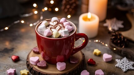 Romantic hot chocolate coffee with heart marshmallows, served in a red mug with Valentine&rsquo;s candies and scattered rose petals